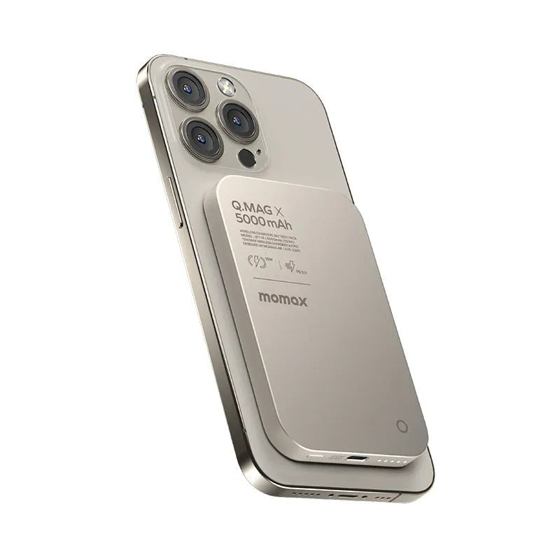 Magnetic wireless power bank with alloy shell in black and titanium gold colour options.