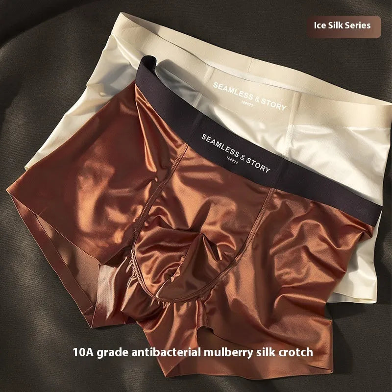 Men's ice silk underwear in mid-waist satin knit design showing coffee, light grey, white and blue colour options