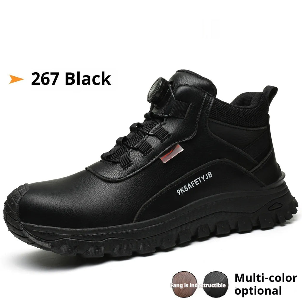 Flyknit leather work safety shoes with rubber sole in black, shown in a size 42.