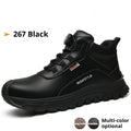 Flyknit leather work safety shoes with rubber sole in black, shown in a size 42.