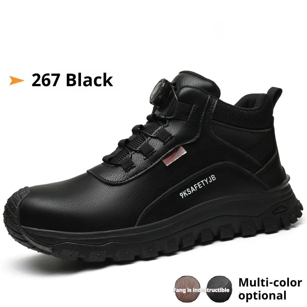 Flyknit leather work safety shoes with rubber sole in black, shown in a size 42.