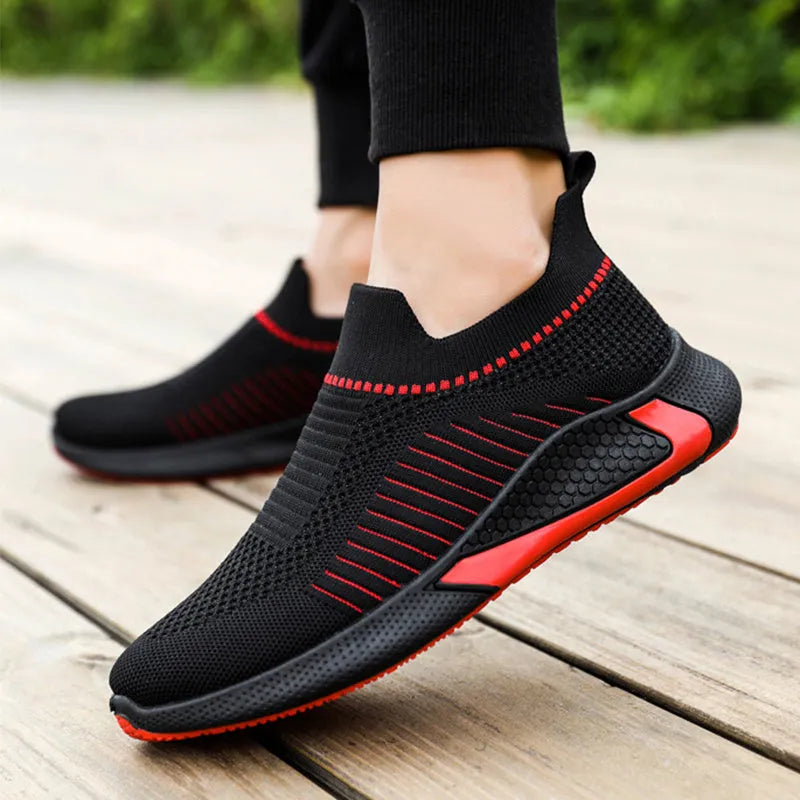 Men's striped mesh sock shoes with flyknit upper and lace-up closure in multiple colour options