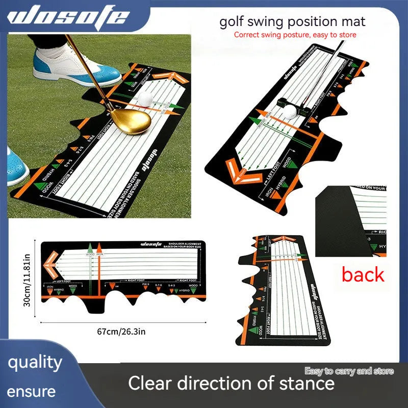 Black neoprene golf swing posture alignment mat for beginners.