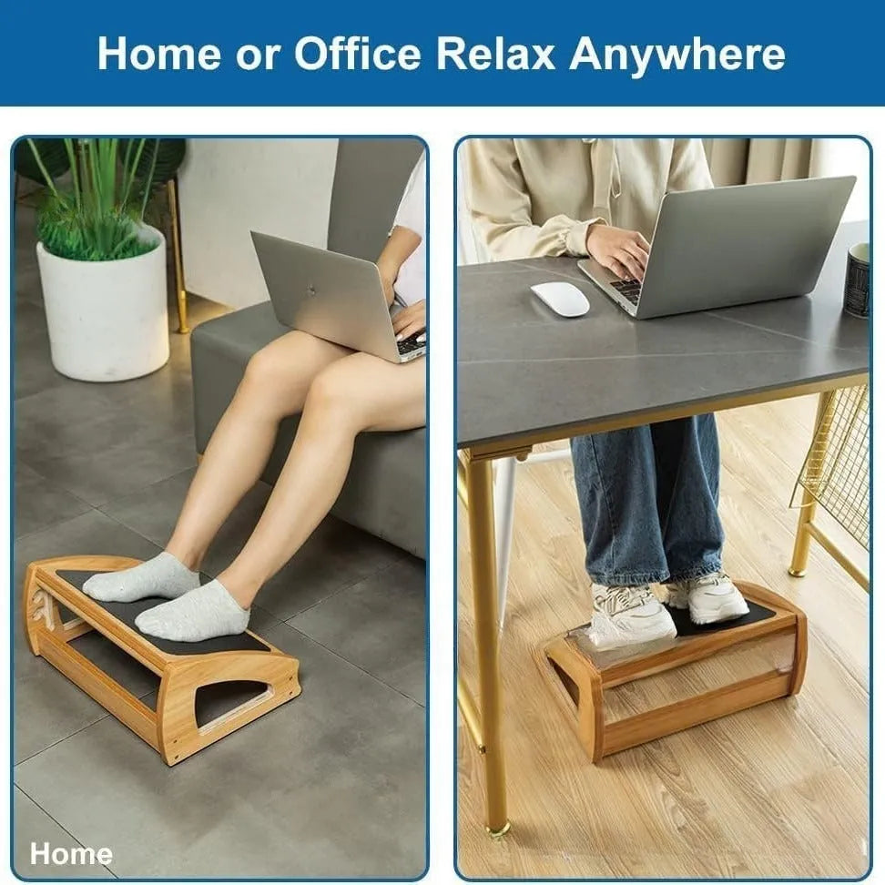 Wooden adjustable bamboo office desk footstool in natural wood colour, modern simplicity style.