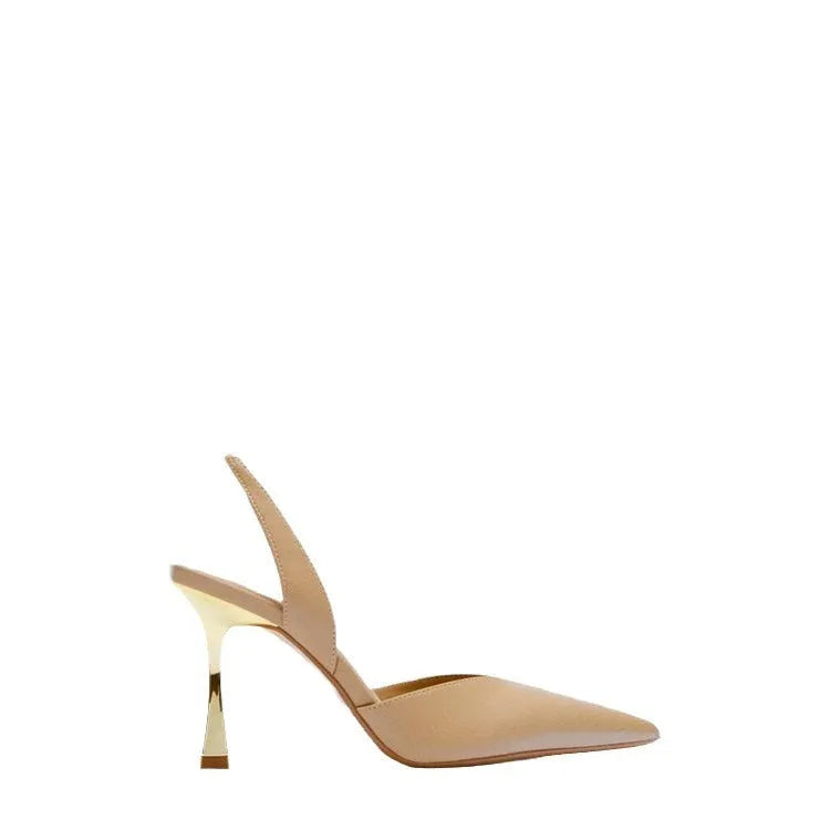 Women's pointed toe high heels in apricot patent leather, showing shallow mouth design.