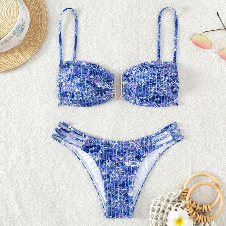 Women's floral print bikini swimsuit in high-waisted brief style.