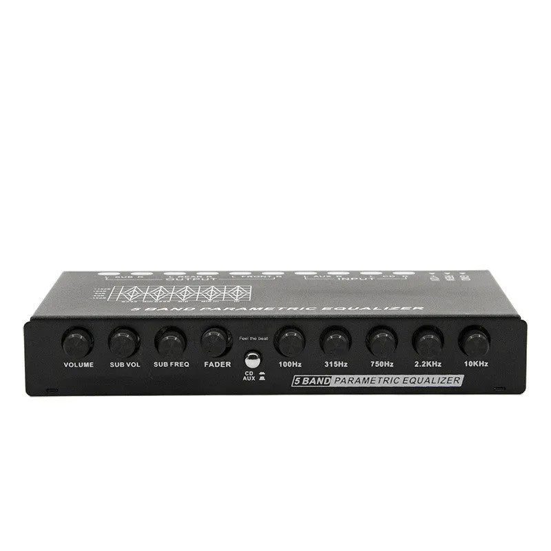 Car audio EQ tuning amplifier with front-panel controls for subwoofer frequency and volume adjustment