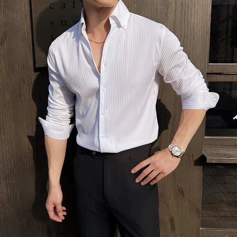 Men's striped V-neck long sleeve casual shirt in black, white, brown or green colour