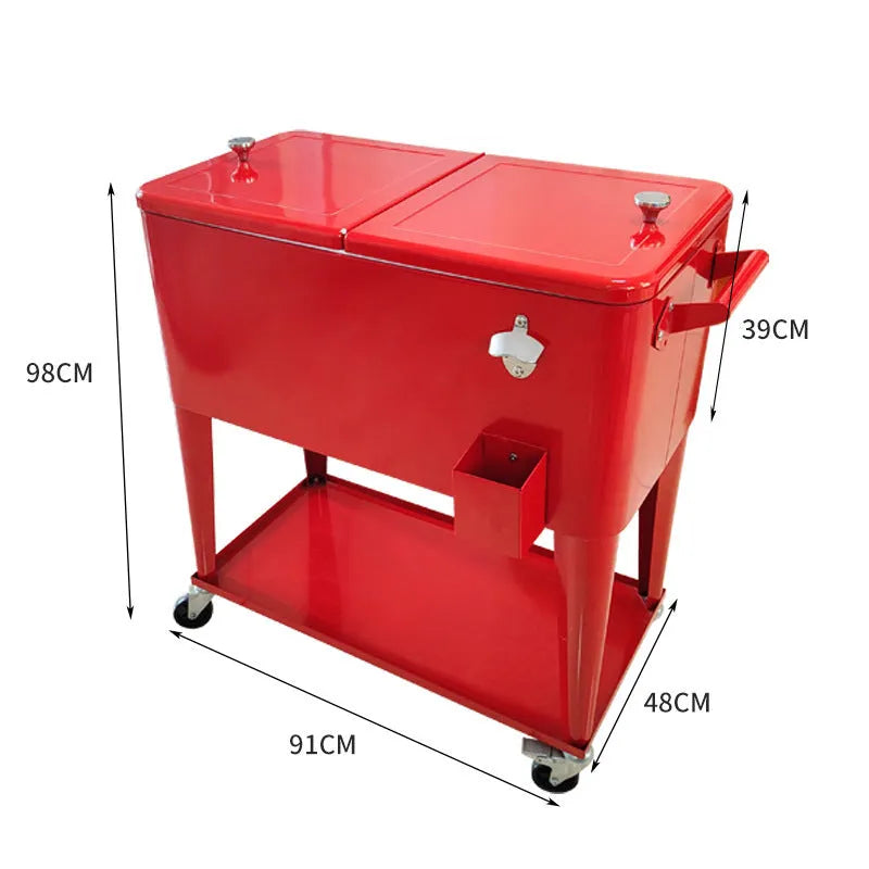Red outdoor metal heat preservation cart with trolley wheels and insulated box for ice storage
