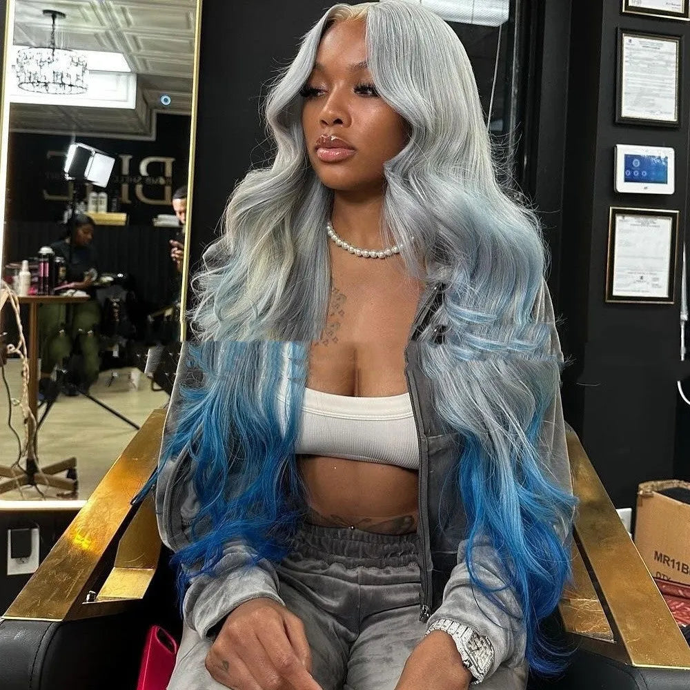 Gradient grey blue human hair wig with transparent Swiss lace front