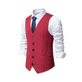 A man's striped suit vest in a formal style, showing the miter bottom hem and pocket detail.