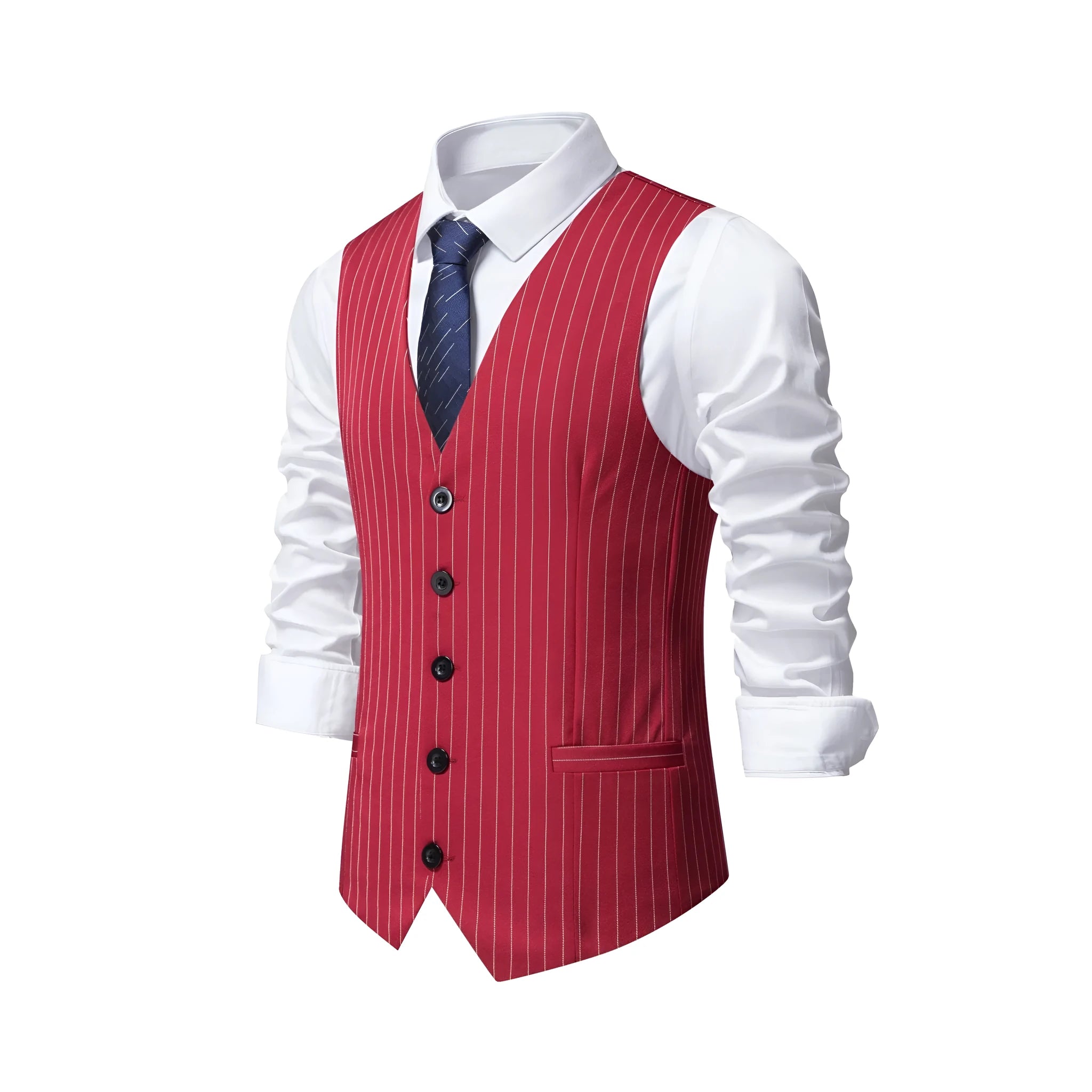 A man's striped suit vest in a formal style, showing the miter bottom hem and pocket detail.