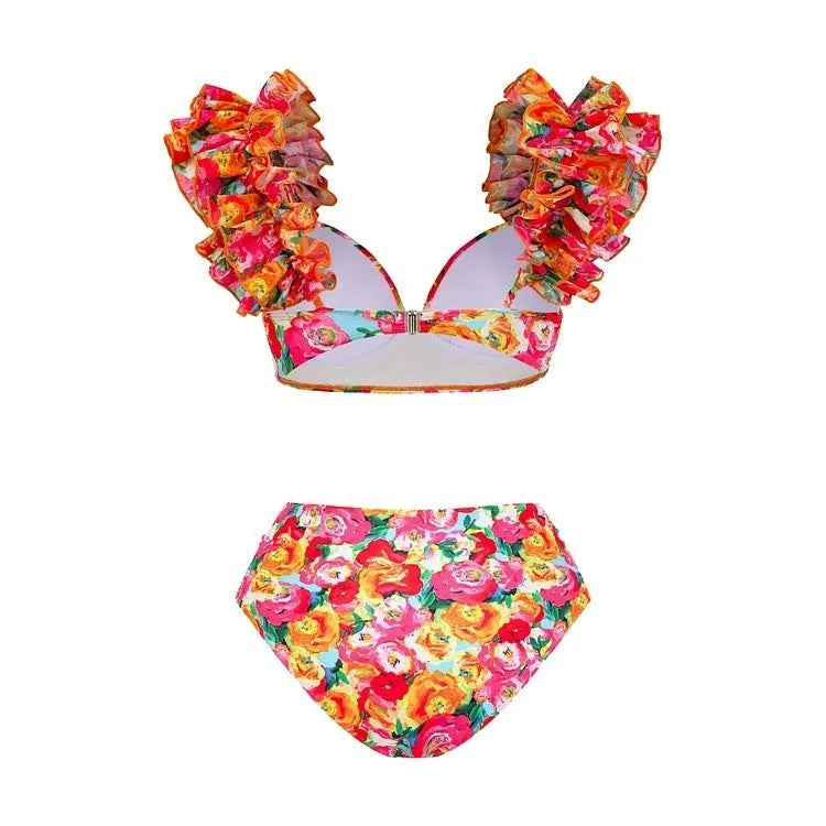 Women's floral print push up bikini with high waist briefs and matching skirt