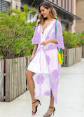 Light purple women's beach cover-up dress with lace embroidery detailing