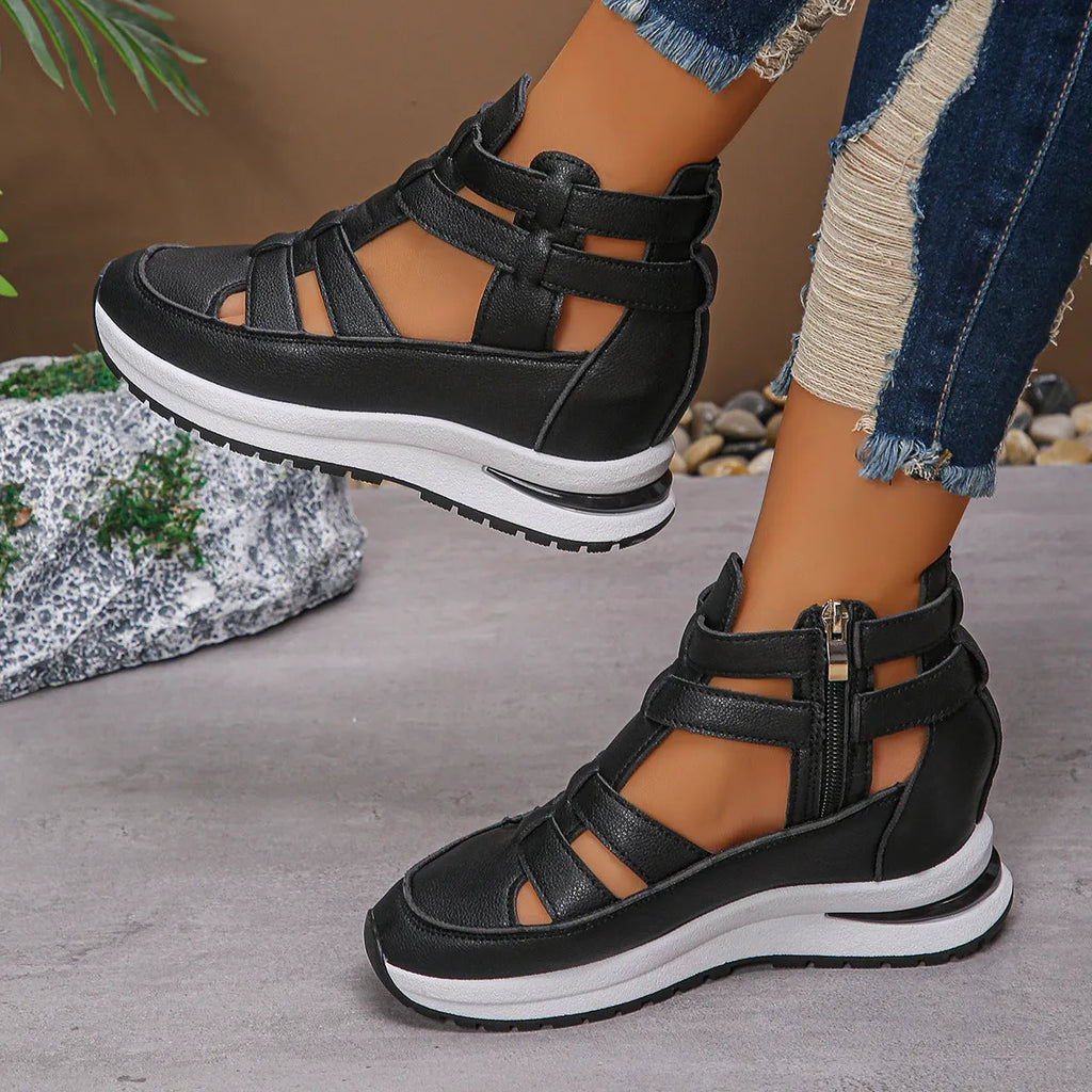 Women's black close-toed hollow-out platform sandals with Velcro fastening and rubber soles