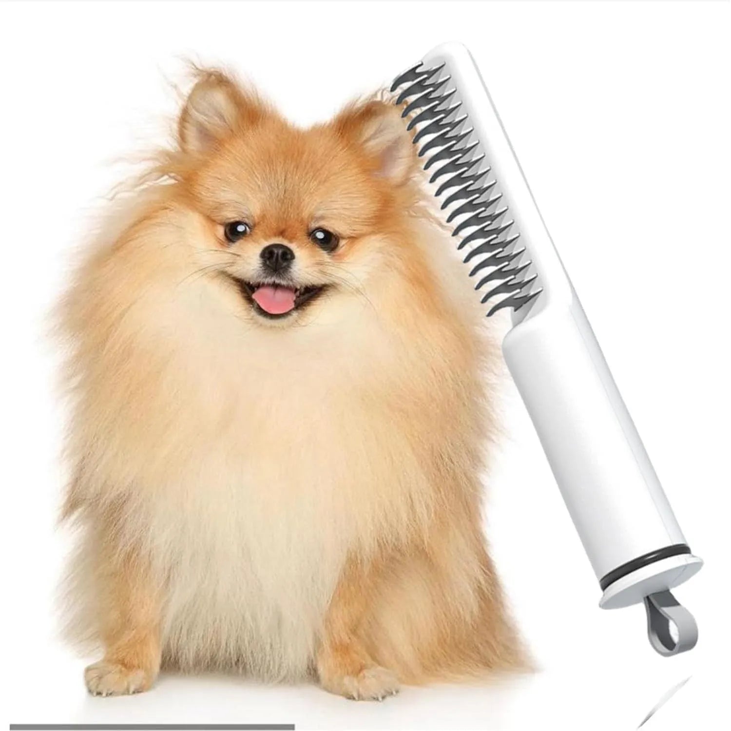 Stainless steel pet dematting comb with user-friendly handle on a pink background.