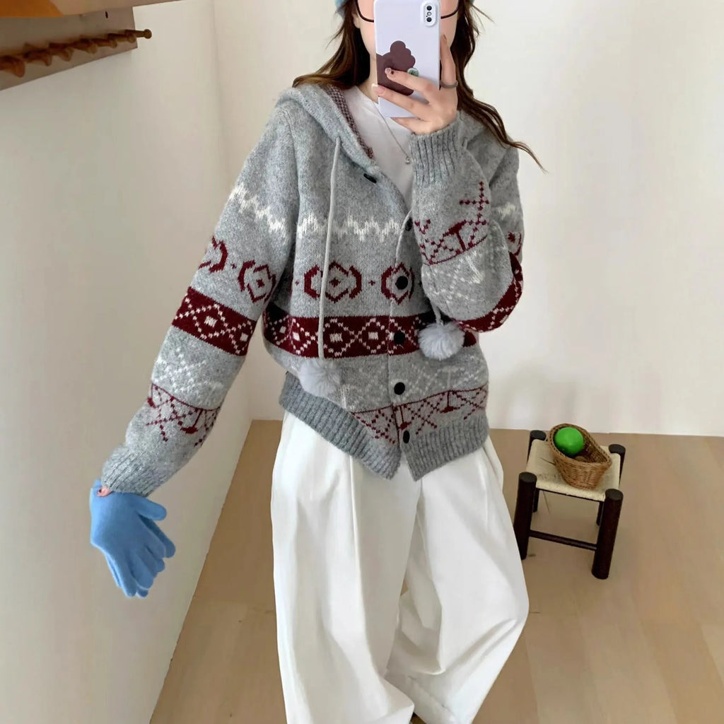 Plus size loose brocade sweater coat with geometric pattern in milky white colour