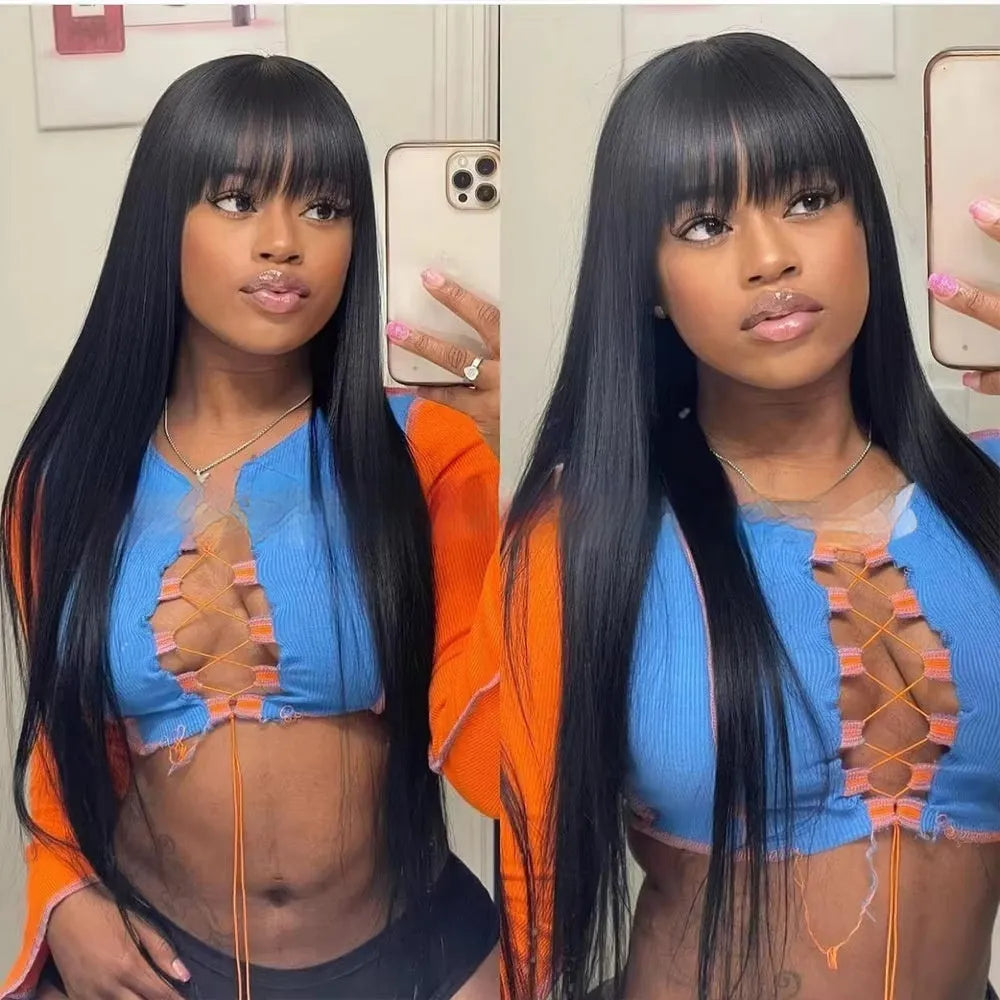 Women's natural colour full mechanism human hair wig shown at medium length.