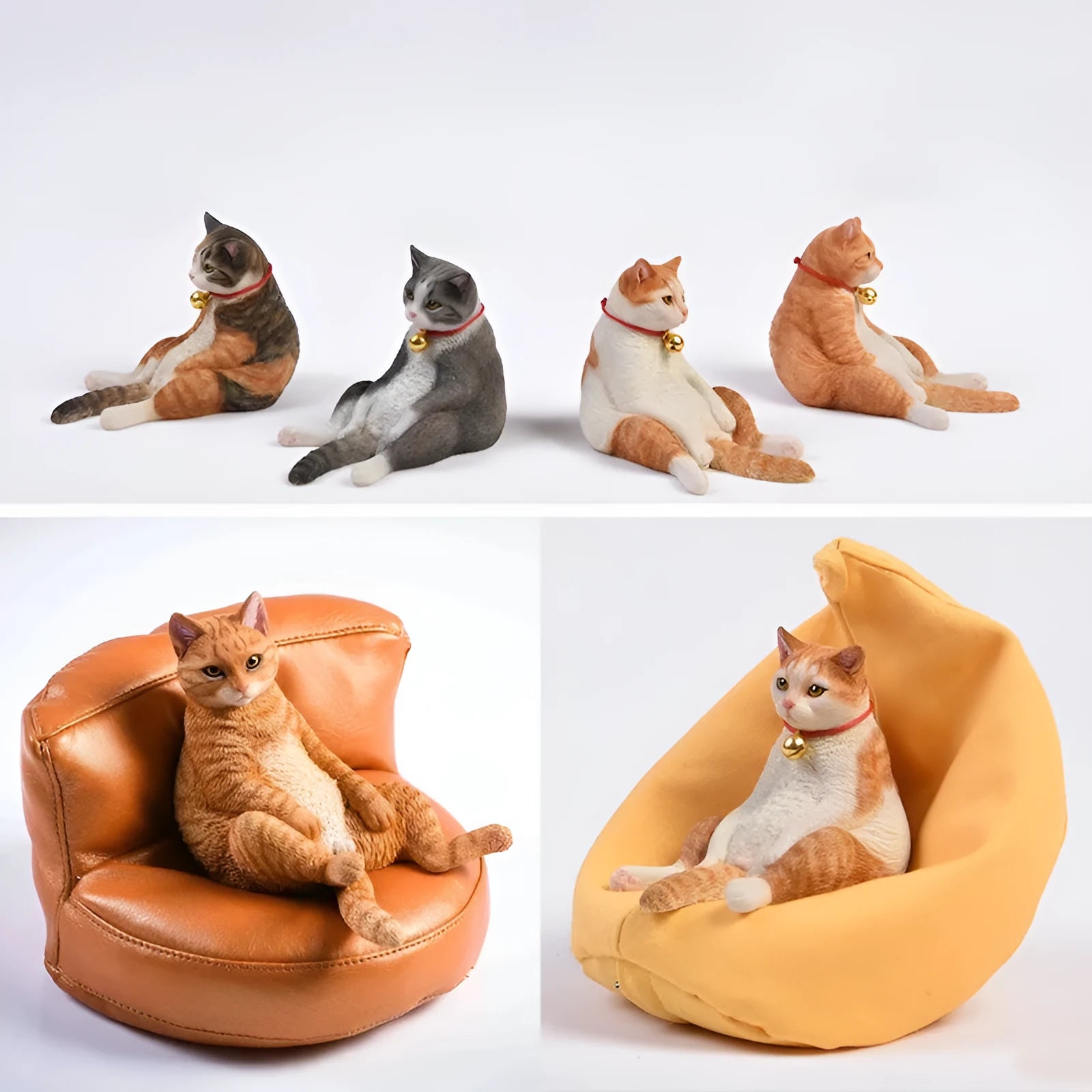 Resin lazy cat and sofa car dashboard ornament set, 7.5cm high.