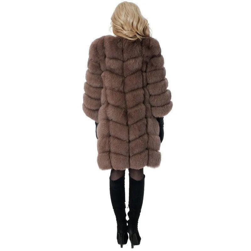 Women's thick warm artificial fur coat in apricot colour with regular sleeves and 80cm length