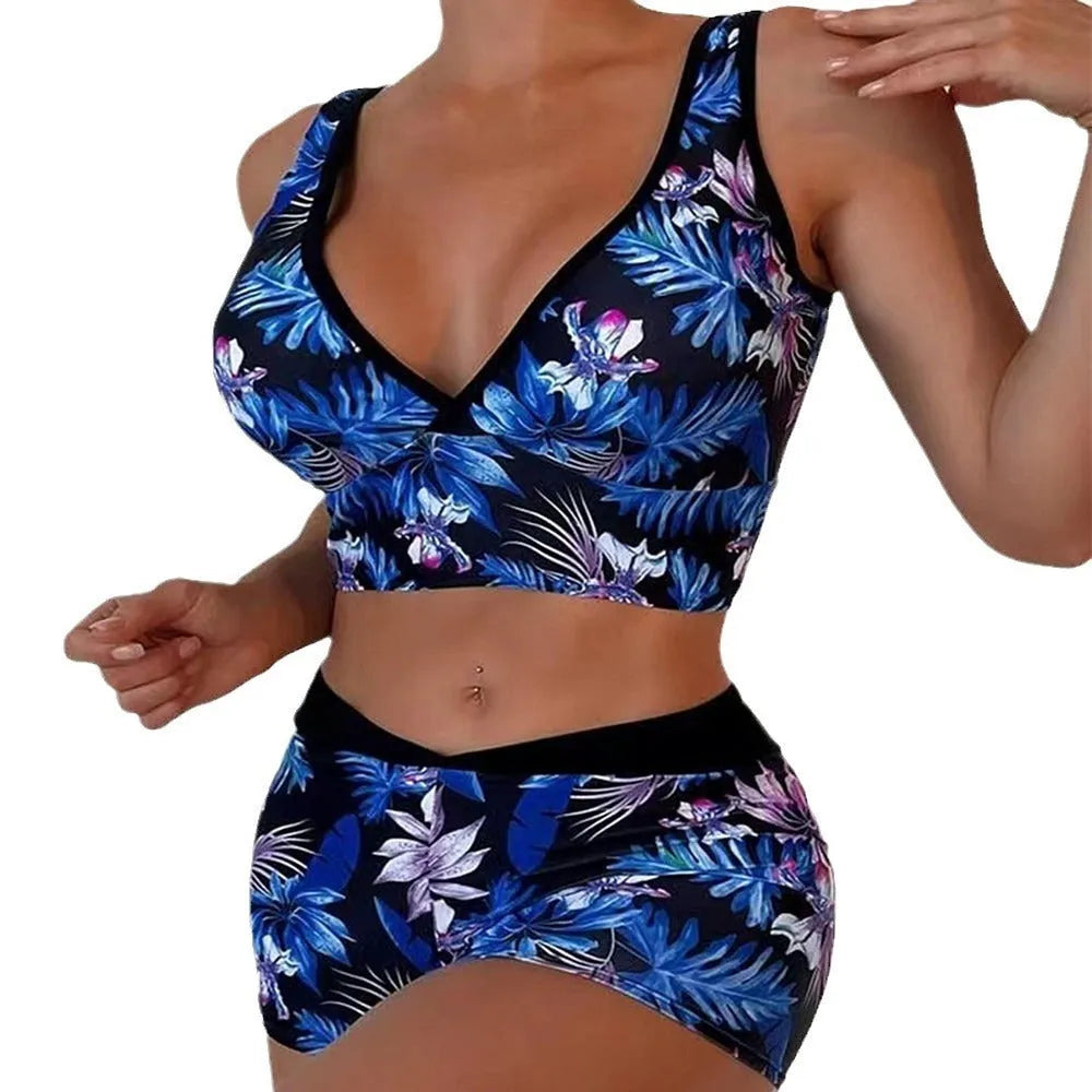 Women's two-piece swimsuit with printed boxer briefs in multi-colour pattern