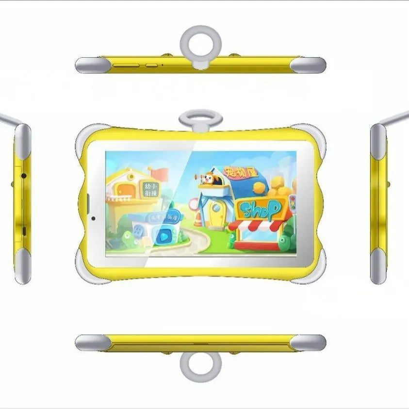 7-inch children's learning tablet in cartoon colours with protective stand, showing IPS screen and 3G calling capability