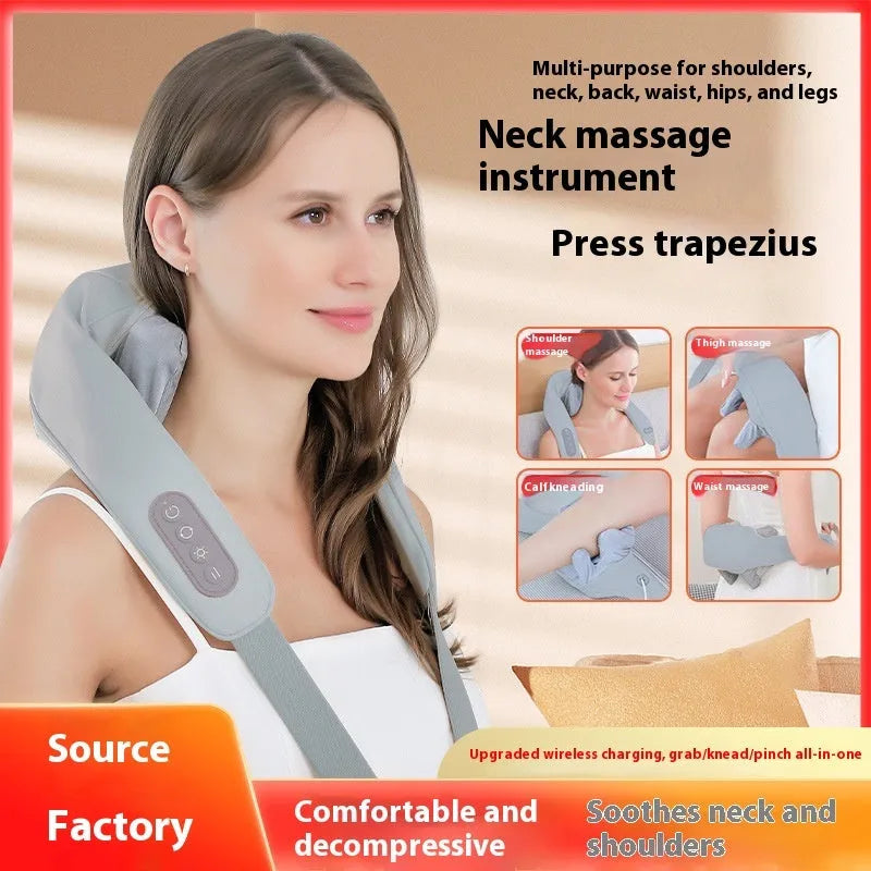 Grey USB-powered neck and back massager with elastic fabric and two-speed controls