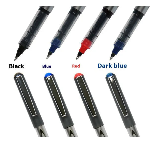A box containing 12 plastic quick-drying signature pens with 0.5mm tips in black, blue, red, and ink blue.