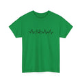 Green cotton short sleeve t-shirt with creative letter print design showing front view