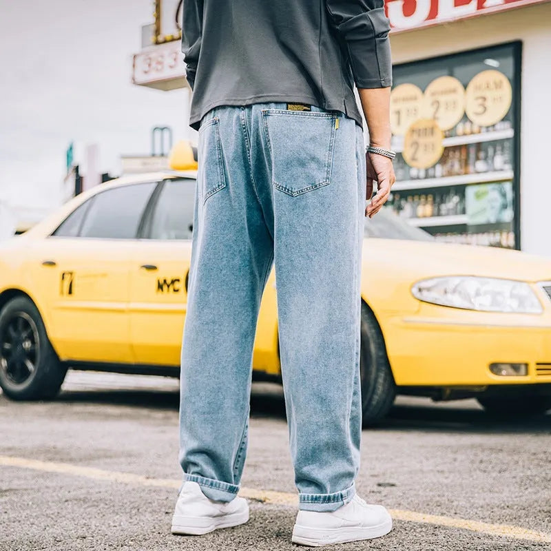 Men's loose straight-cut casual jeans in dark blue cotton fabric