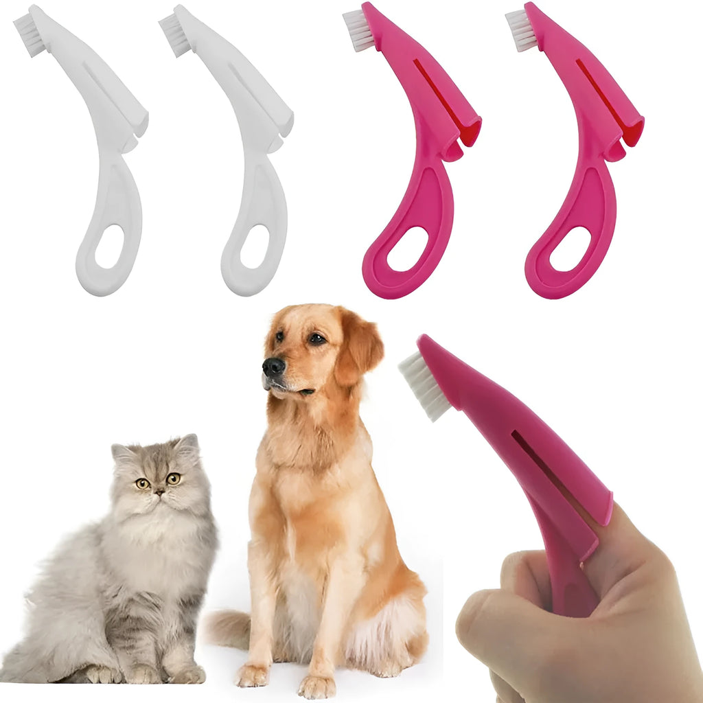 Red and white pet finger toothbrush with silicone bristles for dog and cat dental care