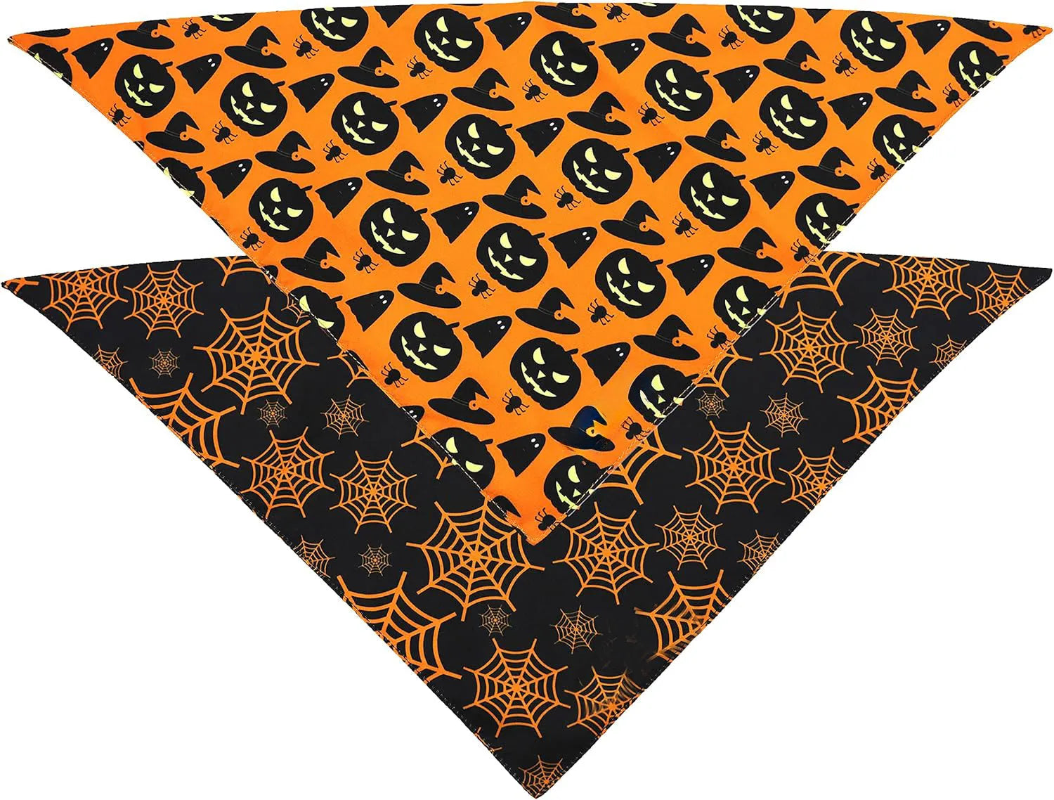 Reversible Halloween dog bandana with pumpkin and spider web patterns in black and orange colours