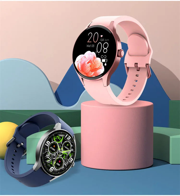 Smart Bluetooth sport watch with circular AMOLED display in black, blue, pink, or red colours