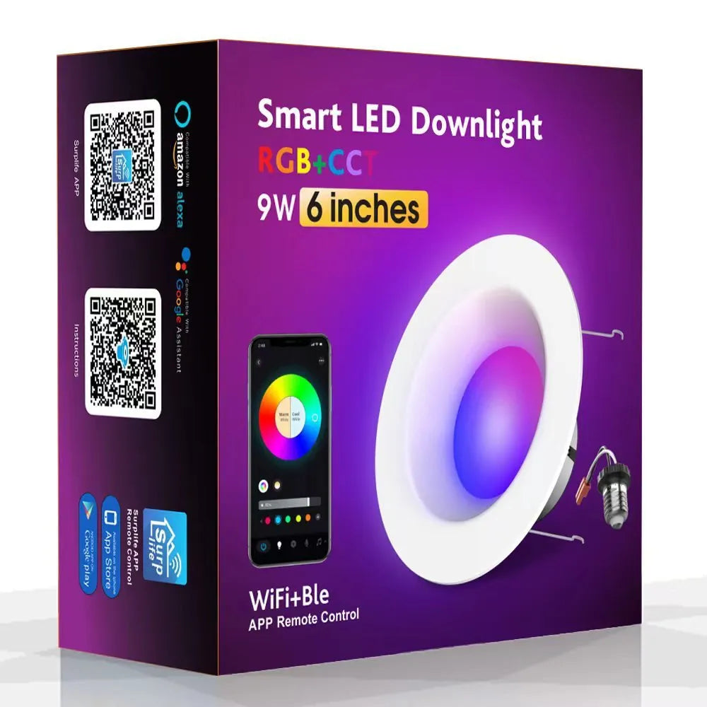 Smart WiFi Bluetooth RGBW ceiling lamp body with E26 base showing colour changing light and PC aluminum housing