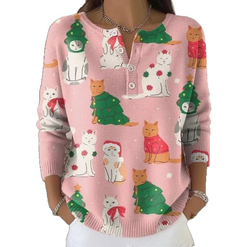 Retro Christmas 3D digital printing T-shirt with four-button stand collar and pullover style, polyester, 50cm length.