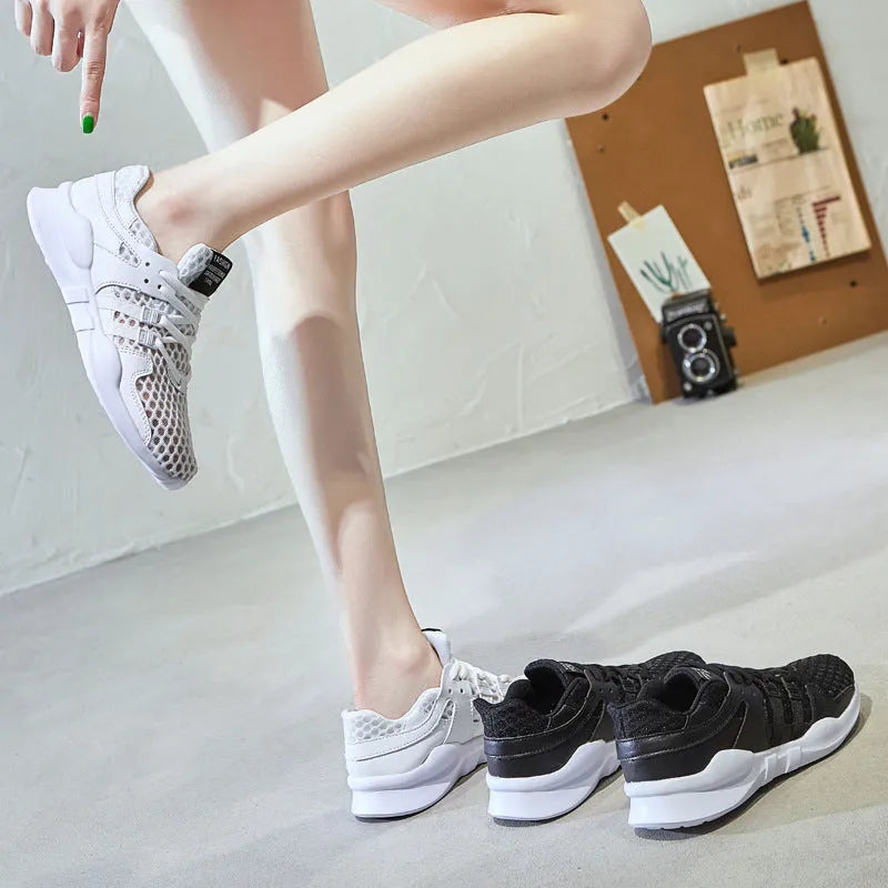 Women's low-top white mesh sneakers with hollow breathable design and casual round toe