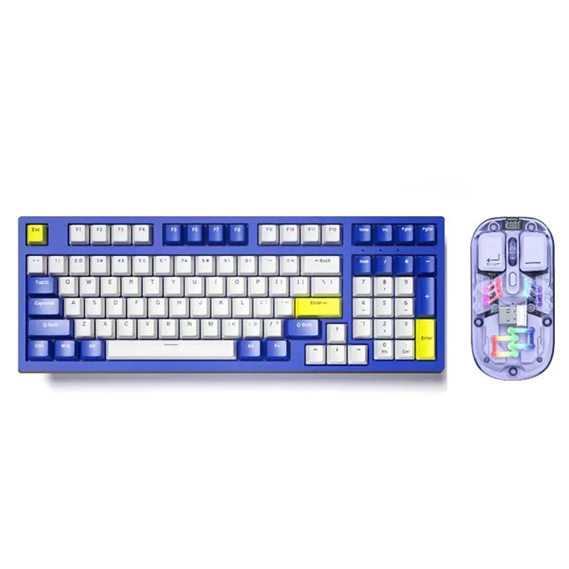 A mechanical keyboard and mouse set in a selected colour, showcasing its three-mould keycaps and model design.
