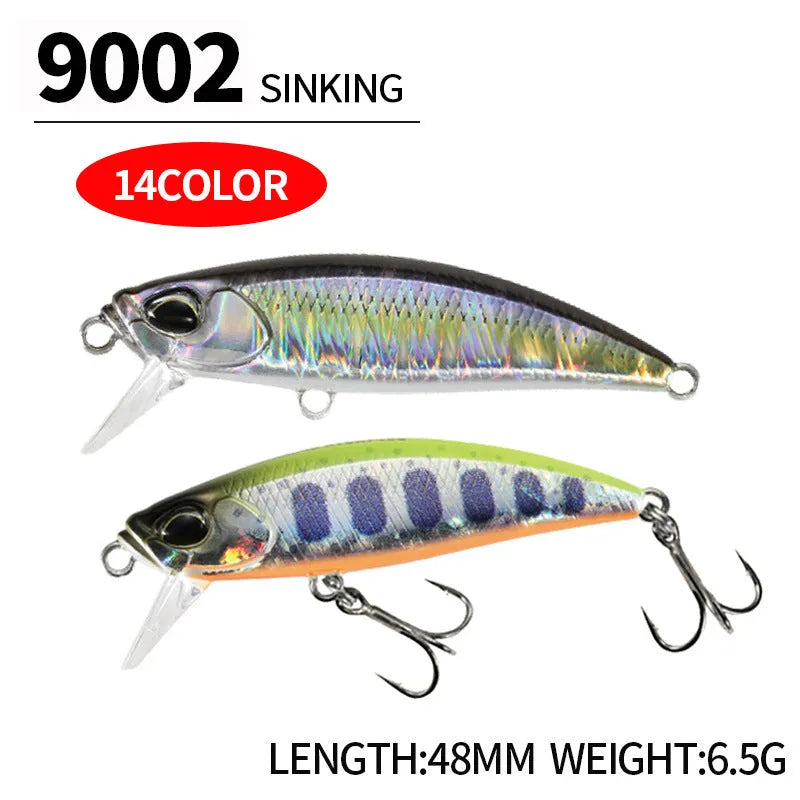 Japanese submerged mino fishing lure, 48mm long, in one of fourteen colour options A through N.