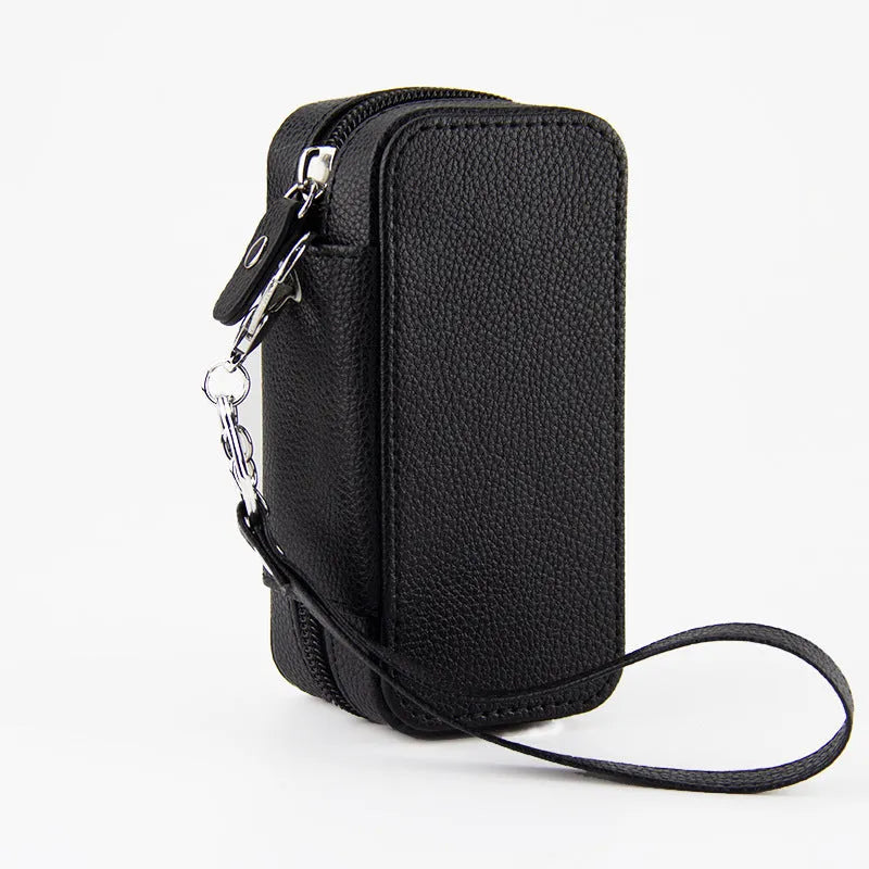 General-purpose storage bag with lychee pattern leather cover, 13cm x 6.5cm x 5.3cm, in black, dark blue, brown or dark red.