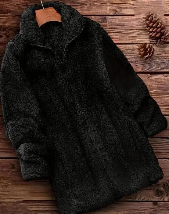 Double-sided velvet fleece jacket in black, shown front-on.