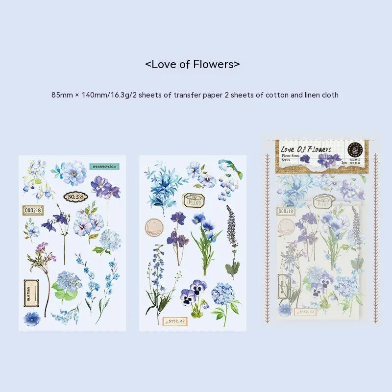 Huazhisen forest art sticker pack showing transfer paper and cotton linen sheets in literature style
