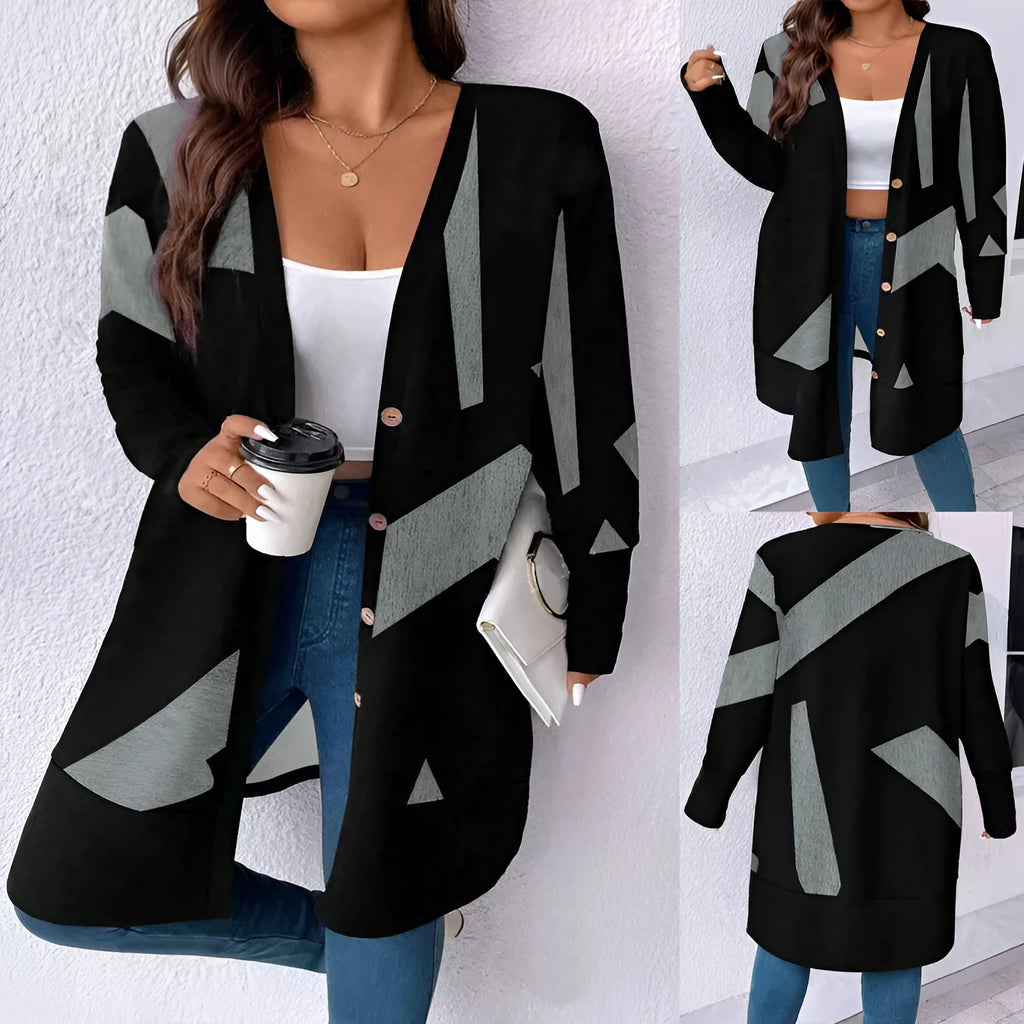 Black loose casual plus size cardigan coat with button stitching and printing design