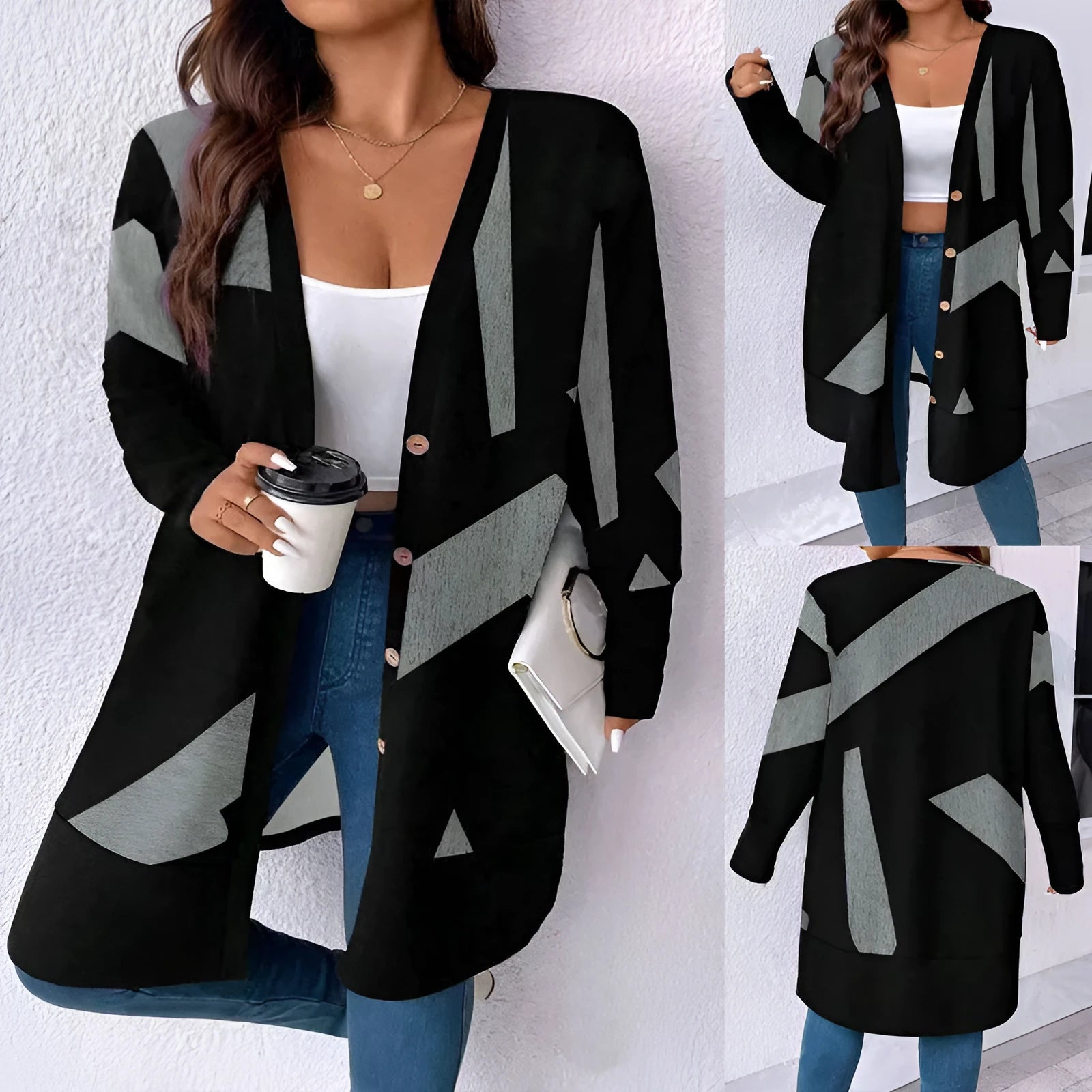Black loose casual plus size cardigan coat with button stitching and printing design