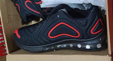 Men's black casual sneakers with artificial PU upper, thick plastic sole, and front lace-up design for outdoor sports.