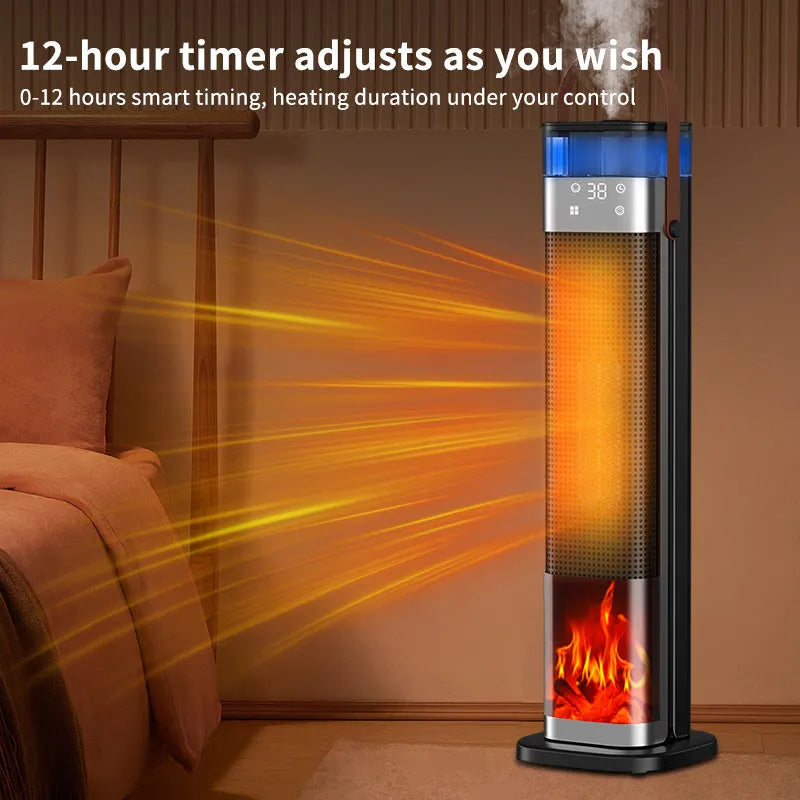 Tall, slim vertical heater with remote control and voice command function for room humidification and heating.