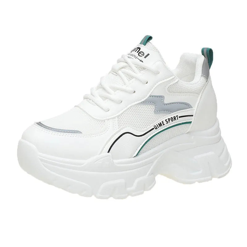 Women's white height increasing sports shoes with cross shoulder straps and rubber sole