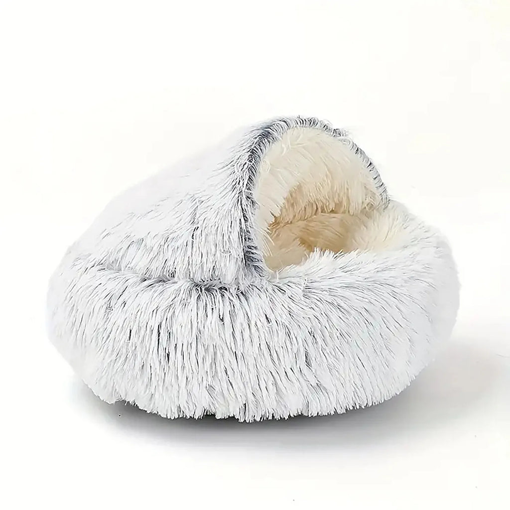 Round plush hooded cat bed in faux fur with non-skid base, semi-enclosed donut shape, available in 40cm, 50cm, 60cm