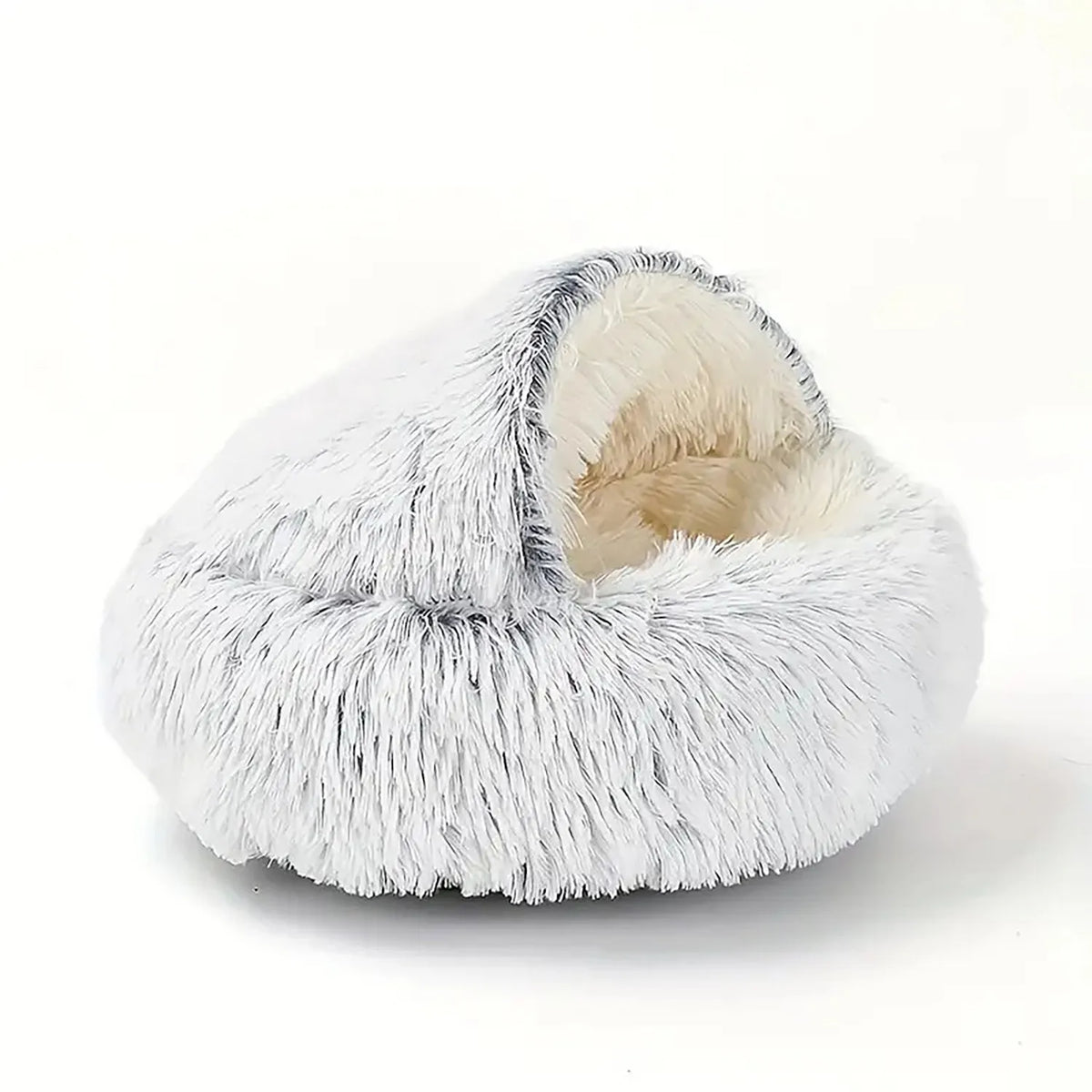 Round plush hooded cat bed in faux fur with non-skid base, semi-enclosed donut shape, available in 40cm, 50cm, 60cm