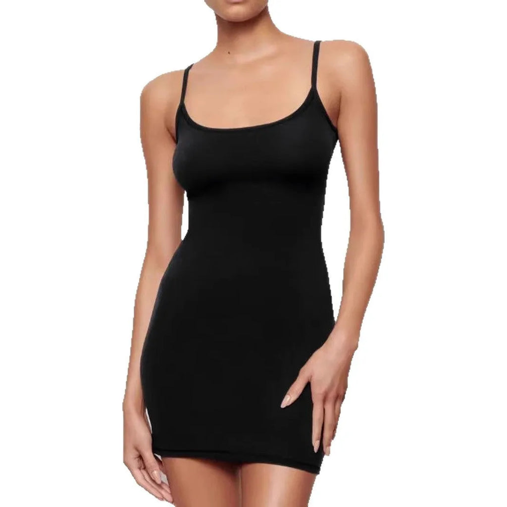 Black sleeveless sling dress with a short sheath skirt and fitted mid-waist.
