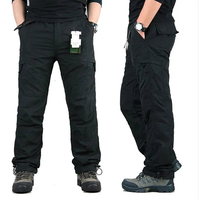 Men's thick cotton work overalls with wool lining and loose-fit straight leg design in khaki colour